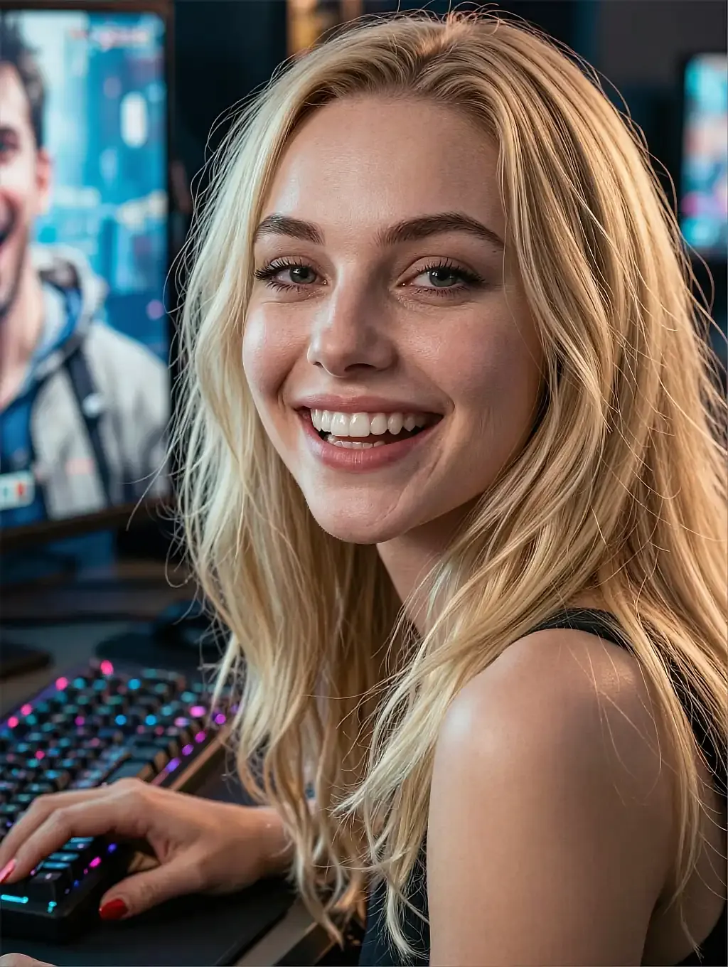Fictional AI character lit by one lamp, shown on the adult page